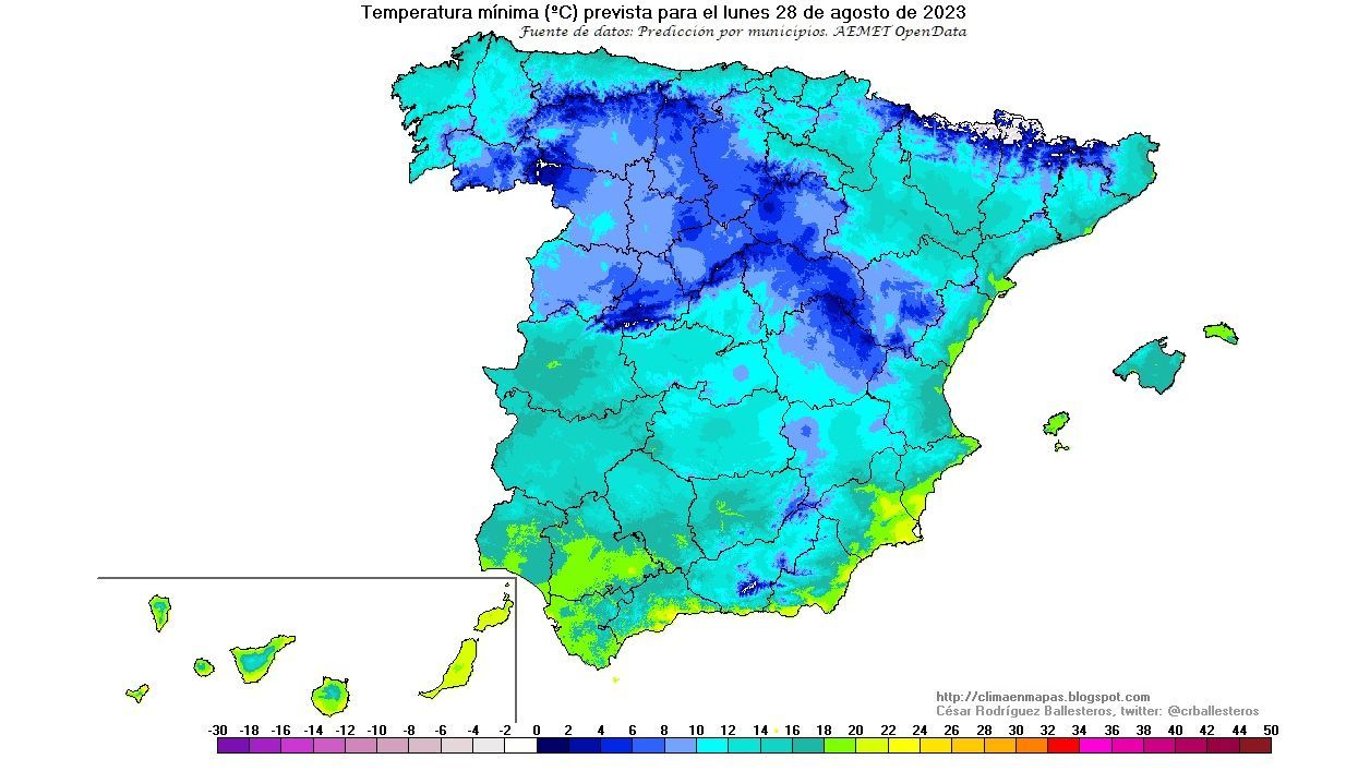 Temperaturas mínimas previstas para el lunes 28