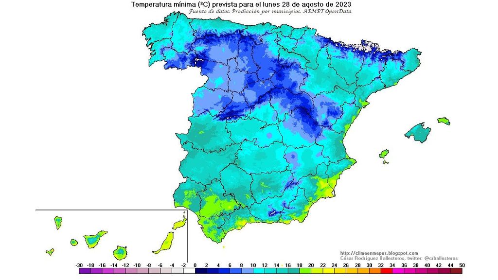 Temperaturas mínimas previstas para el lunes 28