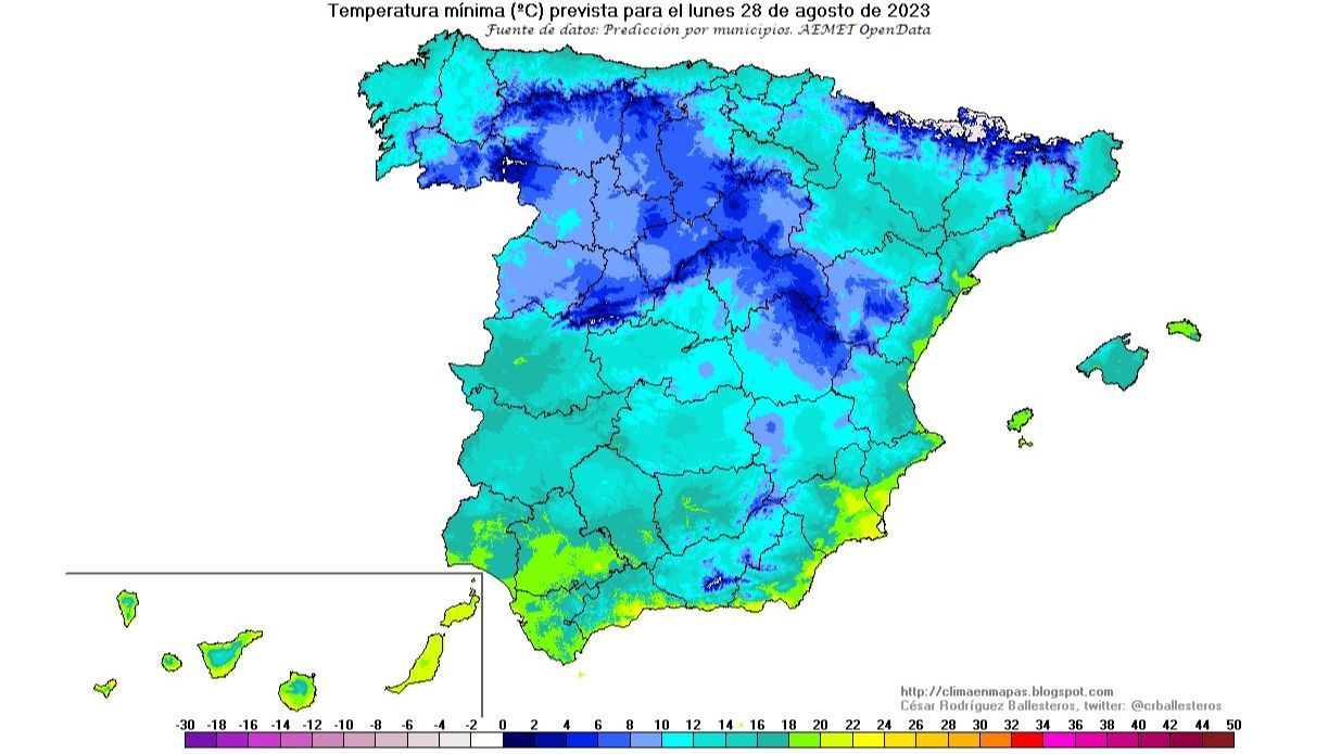Temperaturas mínimas previstas para el lunes 28