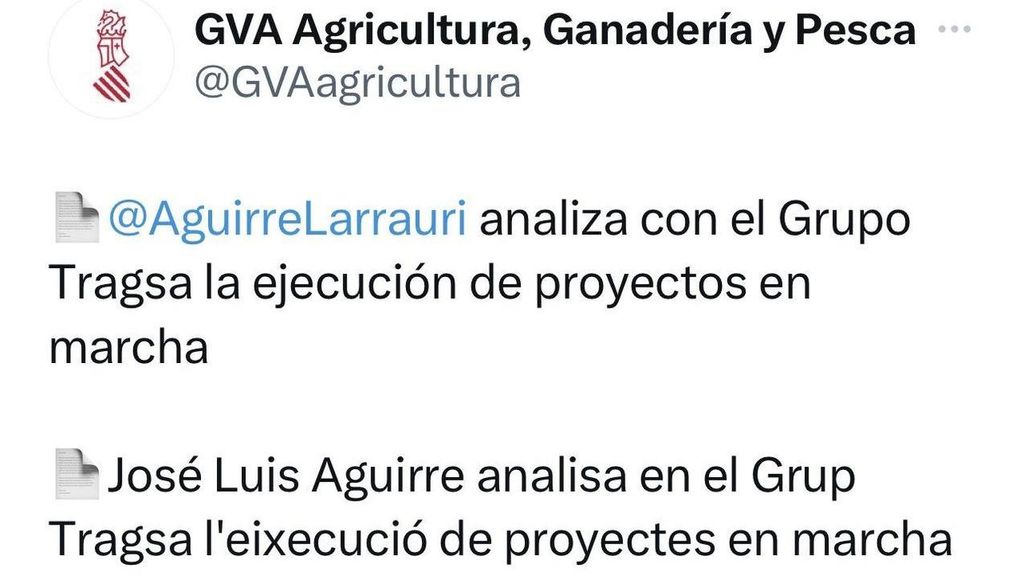 VOX no atina con el valenciano en Twitter: "José Luis Aguirre analisa en el Grup Tragsa l'eixecució de proyectes en marcha"