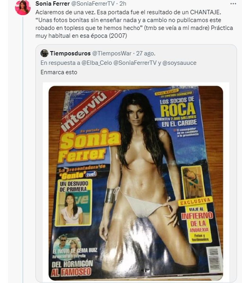 Captura de la respuesta de Sonia Ferrera al tuitero que criticó su desnudo en Interviú