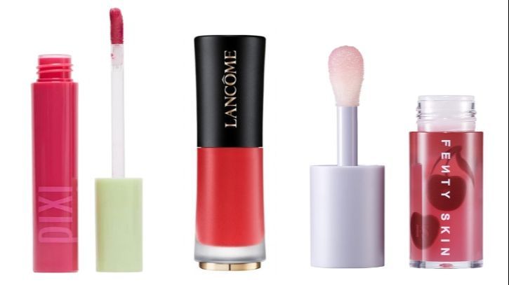 De izda. a dcha.: Tinte hidratante para labios y mejillas Tintfix de Pixi (17,99€). L'Absolue Rouge Drama Ink Lancôme (17,99€). Aceite nutritivo para labios, Cherry Treat, de Fenty Skin (24,99€).