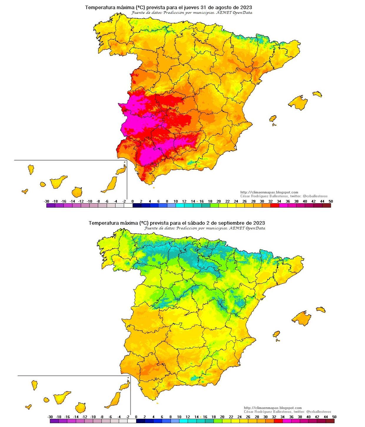 Temperaturas máximas previstas para el jueves, en contraste con el sábado