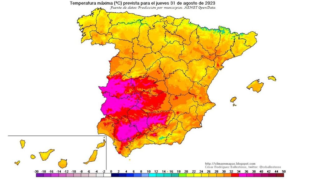 Temperaturas máximas previstas para el jueves 31 agosto 2023