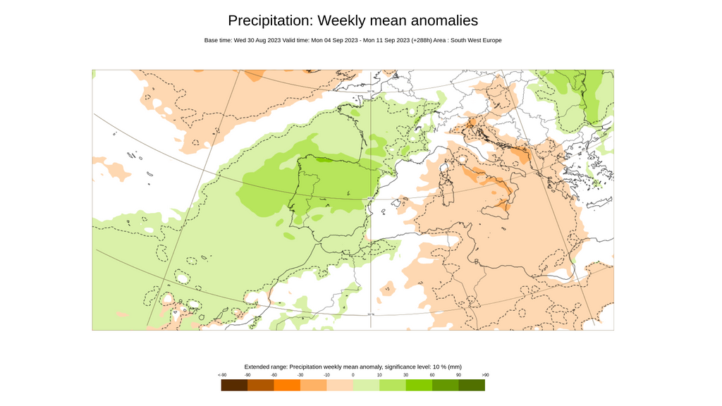 Anomalía de la precipitación prevista del 4 al 10 de sept