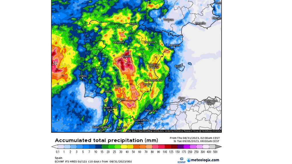 Precipitación prevista hasta el martes, 5 de septiembre