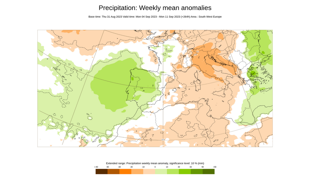Anomalía de la precipitación prevista para la semana del 4 al 10 sept