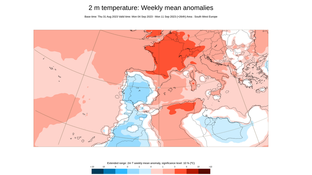 Anomalía de la temperatura prevista para la semana del 4 al 10 sept