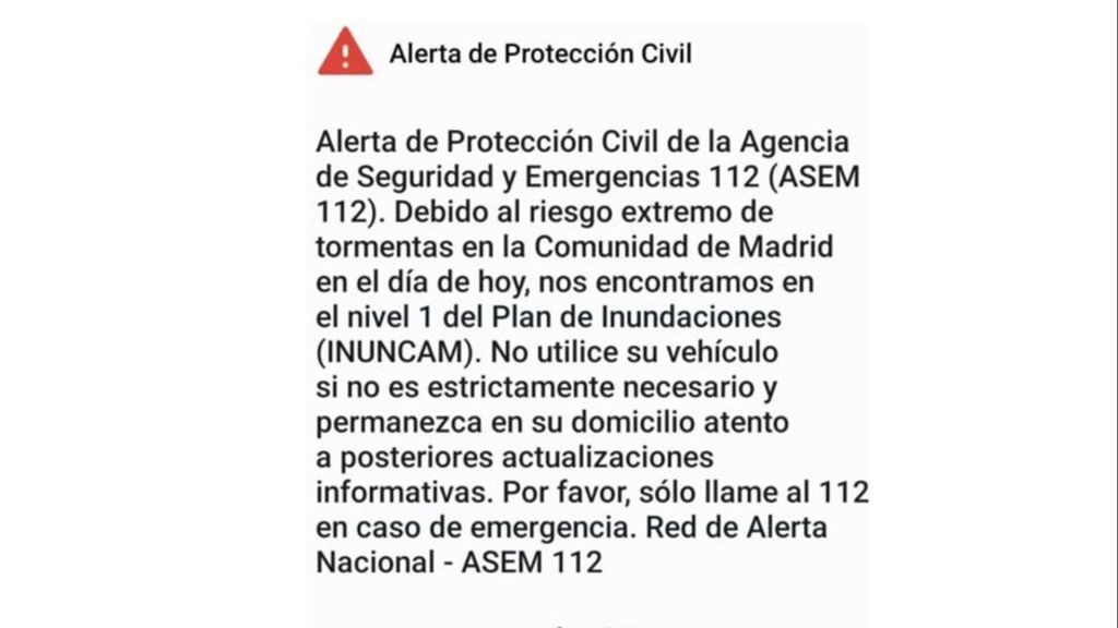 Alerta de Protección Civil en los móviles de los madrileños por la DANA