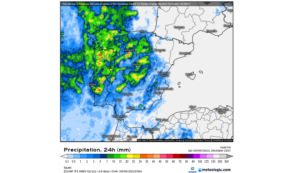 Precipitación prevista de 8pm del viernes a 8pm del sábado 9 septiembre