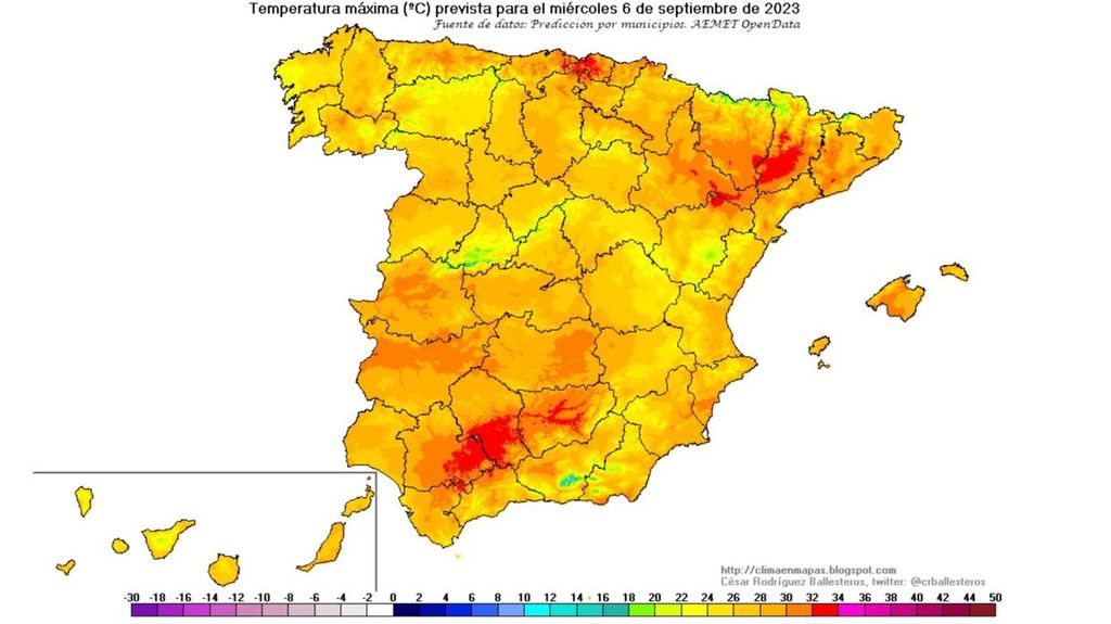 Temperaturas máximas previstas para el miércoles 6