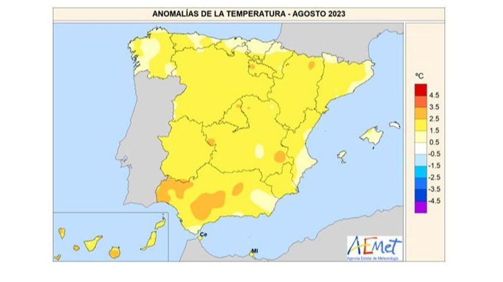 Anomalía de la temperatura media de agosto 2023