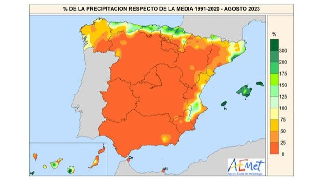 Porcentaje de la precipitación media de agosto