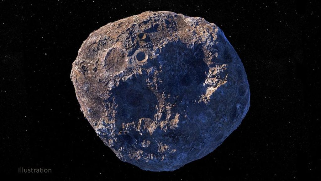 Ilustración artística del asteroide Psyche rico en metales localizado en el cinturón de asteroides principal entre Marte y Júpiter.