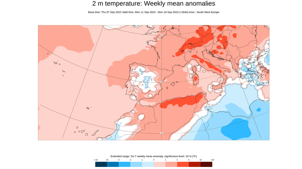 Anomalía de la temperatura prevista para la semana del 11 al 17 sept