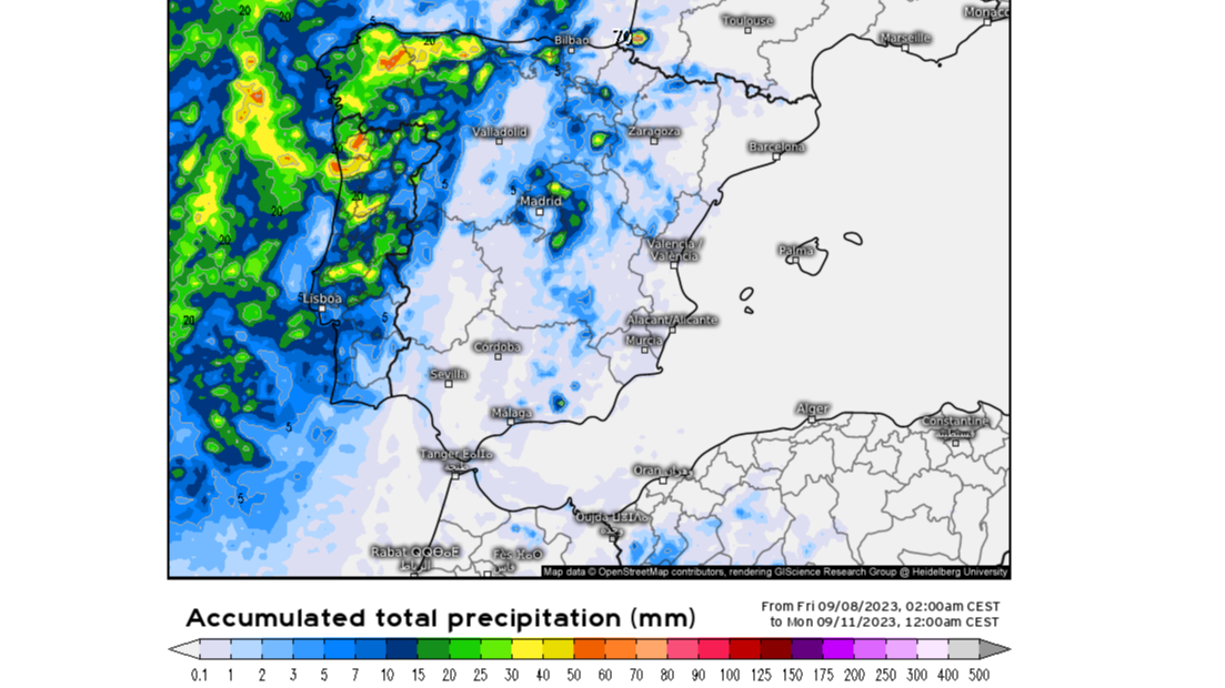 Precipitación prevista el fin de semana