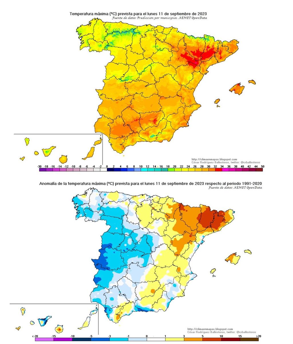 Temperatura máxima y su anomalía prevista para el lunes 11