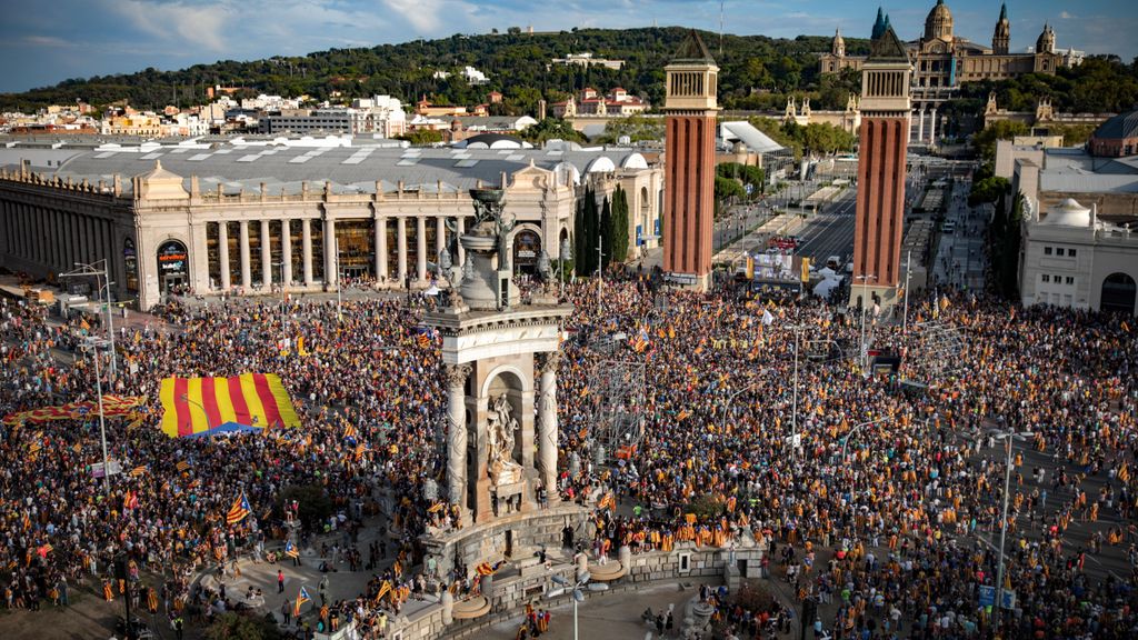 Imagen de la plaza de España de Barcelona durante la manifestación convocada por la ACN con motivo de la Diada