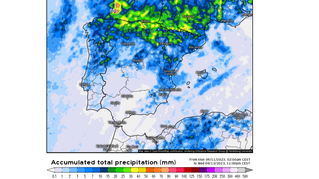 Precipitación prevista hasta última hora del miércoles 13