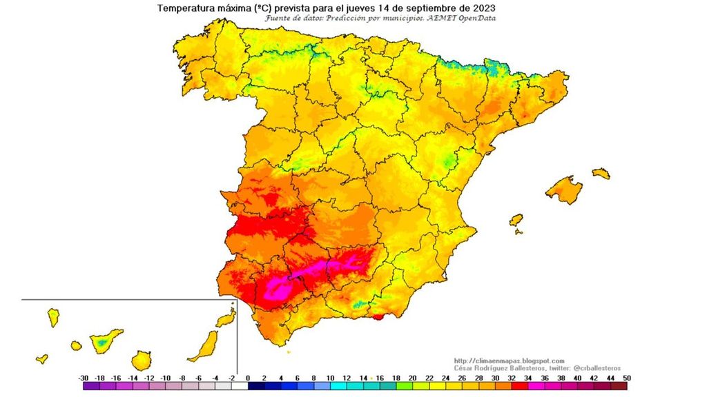 Temperaturas máximas previstas para el jueves 14