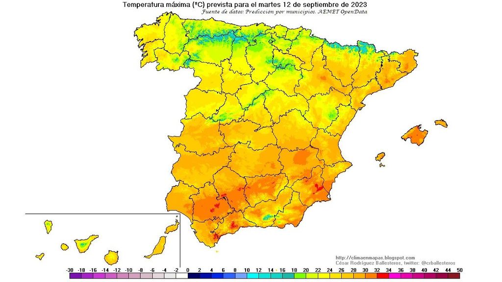 Temperaturas máximas previstas para el martes 12