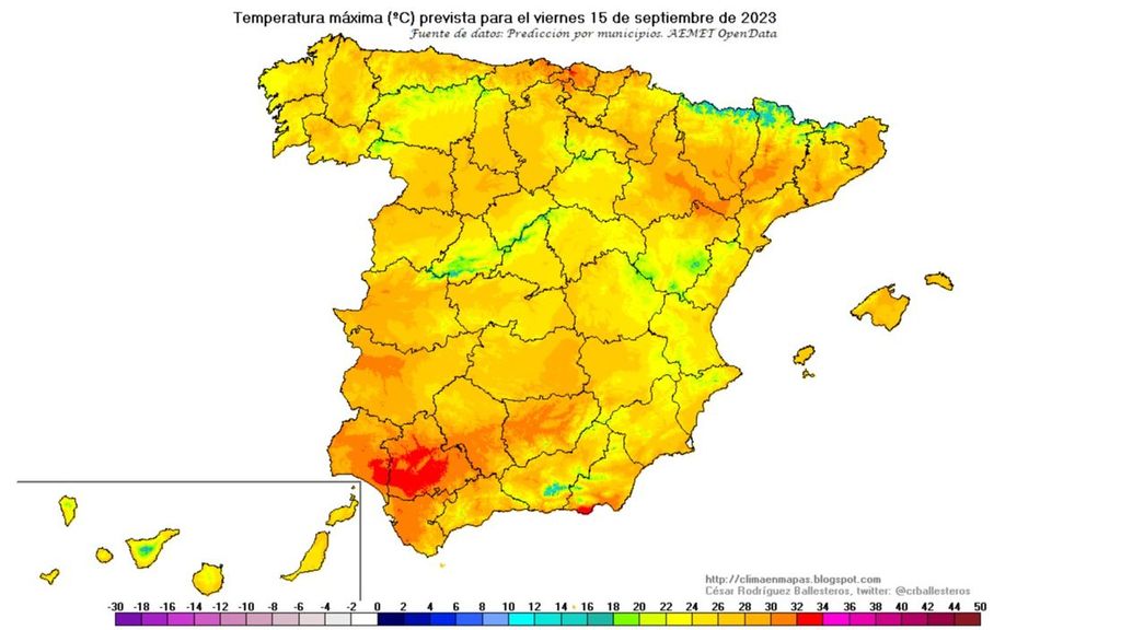 Temperaturas máximas previstas para el viernes 15