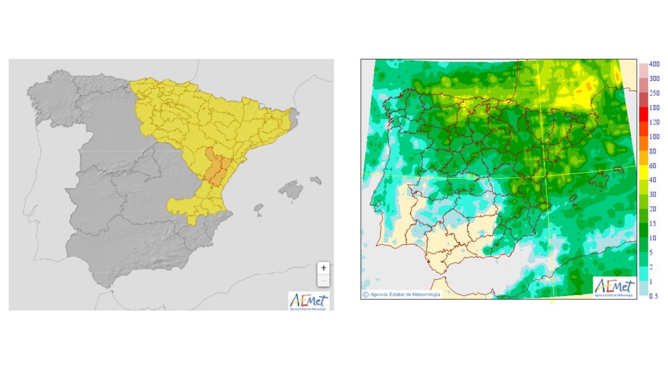 Avisos (izda) y precipitación máxima (dcha) prevista para el martes 12