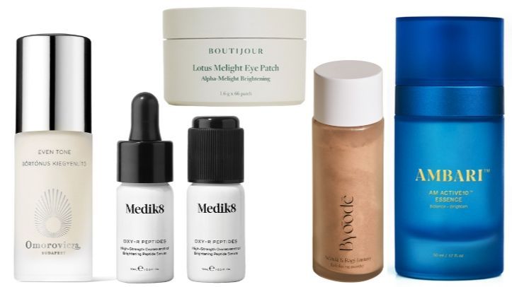 De izda. a dcha.: Even Tone, de Omorovicza (130€). Oxy-R Peptides, de Medik8 (82€). Eye Patches, de Boutijour (63€). Exfoliante Adzuki & Ragi Fantasy de Byoode (34€). Ambari Active10 Essence, con 10% de alfahidroxiácidos (105€).