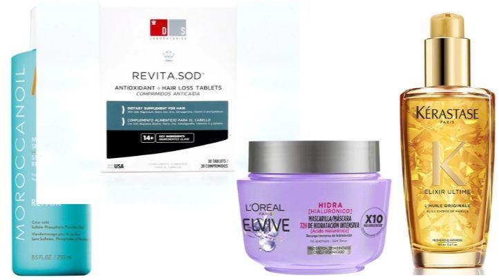 De izda. a dcha.: Champú reparador hidratante, de Moroccanoil (23,50€). Revita Sod envase de 30 comprimidos para fortalecer el cabello, de DS Laboratories (33,95€). Mascarilla rica en ácido hialurónico, de L’Oréal Paris (3,99€). Kérastase Elixir Ultime Thé Impérial Cheveux Tratamiento Capilar (38,99€).