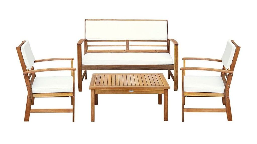 Set de muebles de jardín con mesa, banco y sillones de madera para 4 personas