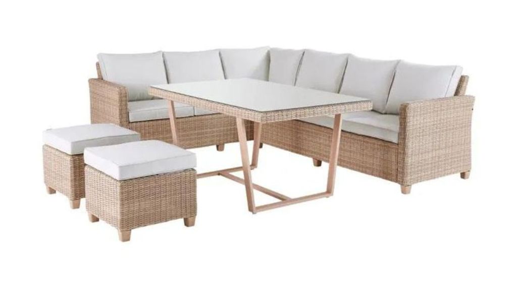 Set de muebles de jardín con mesa, sofá y pufs para 7 personas