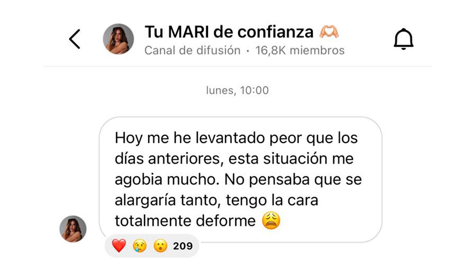 Marina García asegura tener la cara "completamente deforme" por la operación