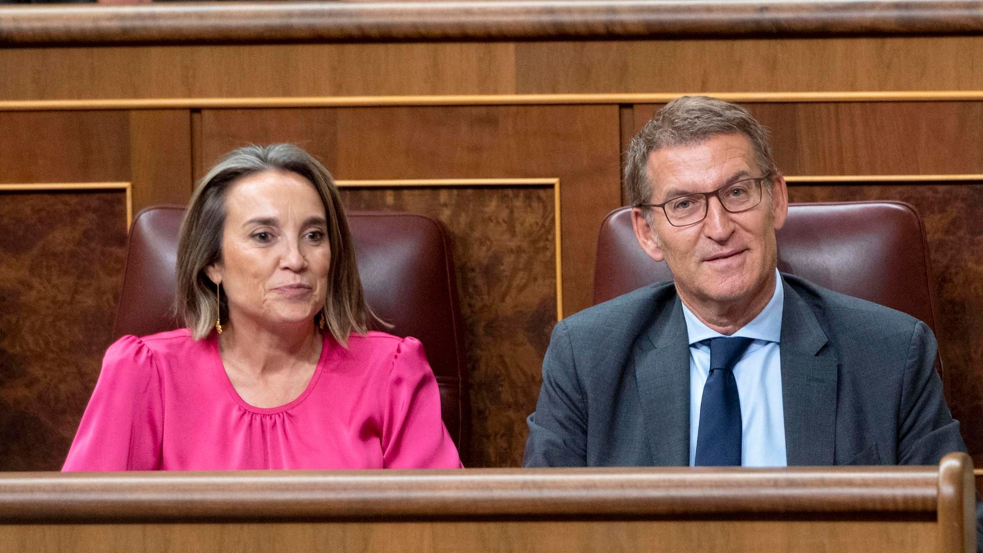 El líder del P, Alberto Núñez Feijóo, y la portavoz del partido en el Congreso, Cuca Gamarra.