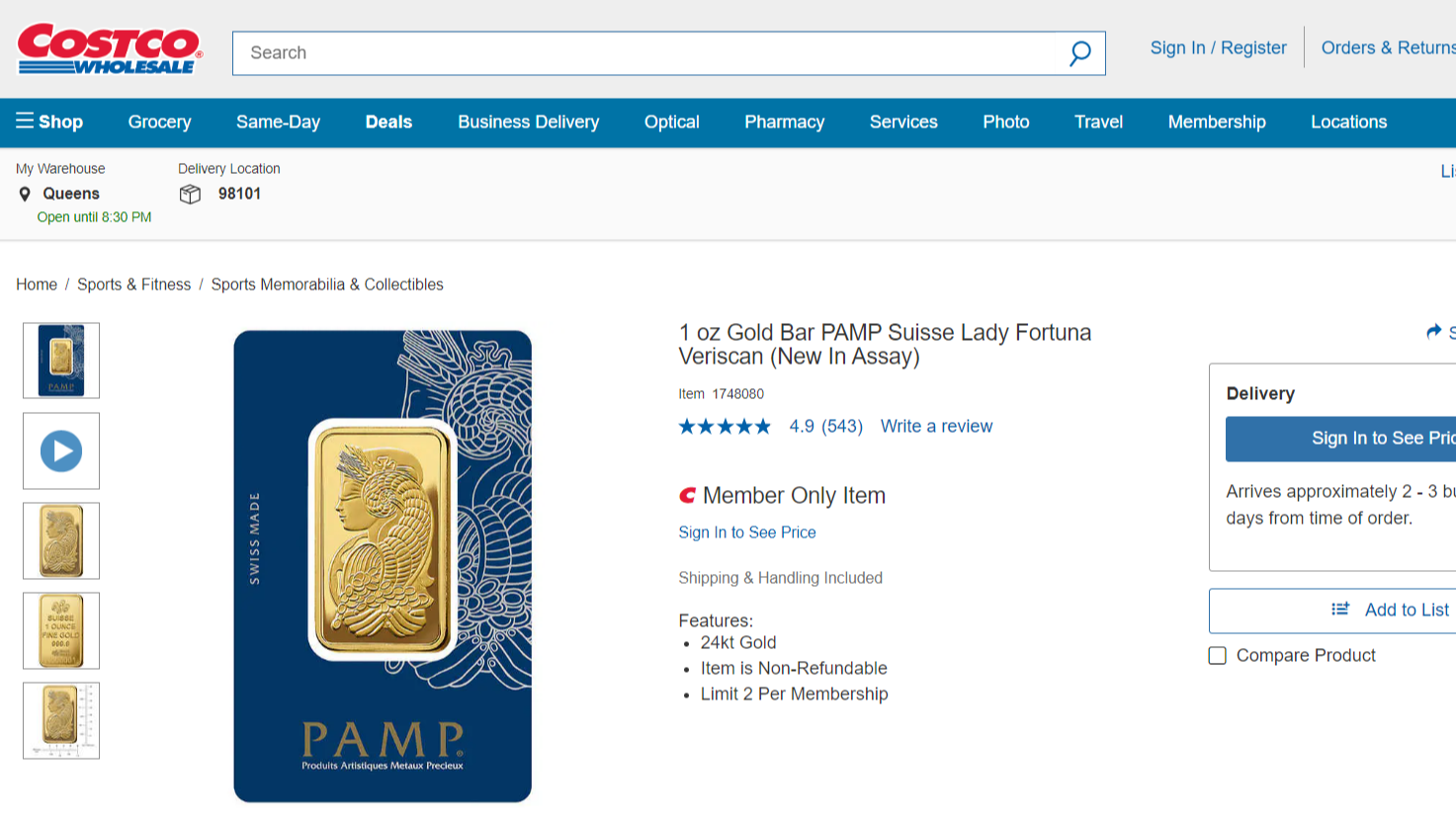 Lingotes de oro disponibles en Costco