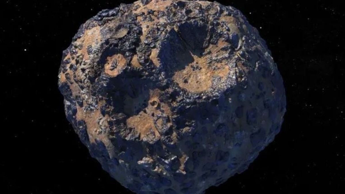 Concepto artístico que representa el asteroide Psyche, rico en metales, que se encuentra en el cinturón de asteroides principal entre Marte y Júpiter