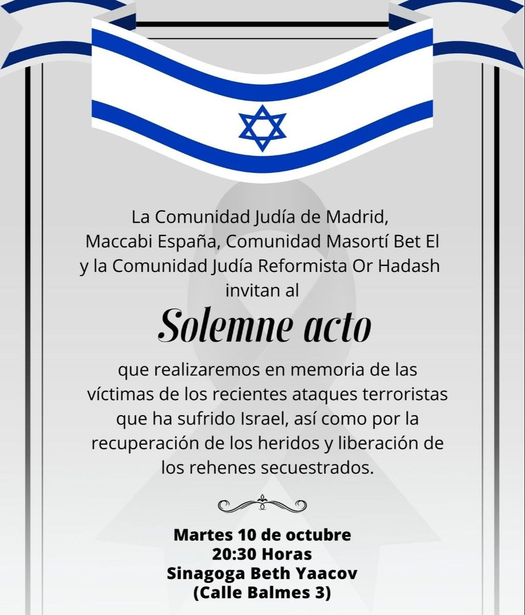 Judíos se concentran mañana frente a la Embajada de Israel en un acto solemne en memoria de las víctimas de Hamás