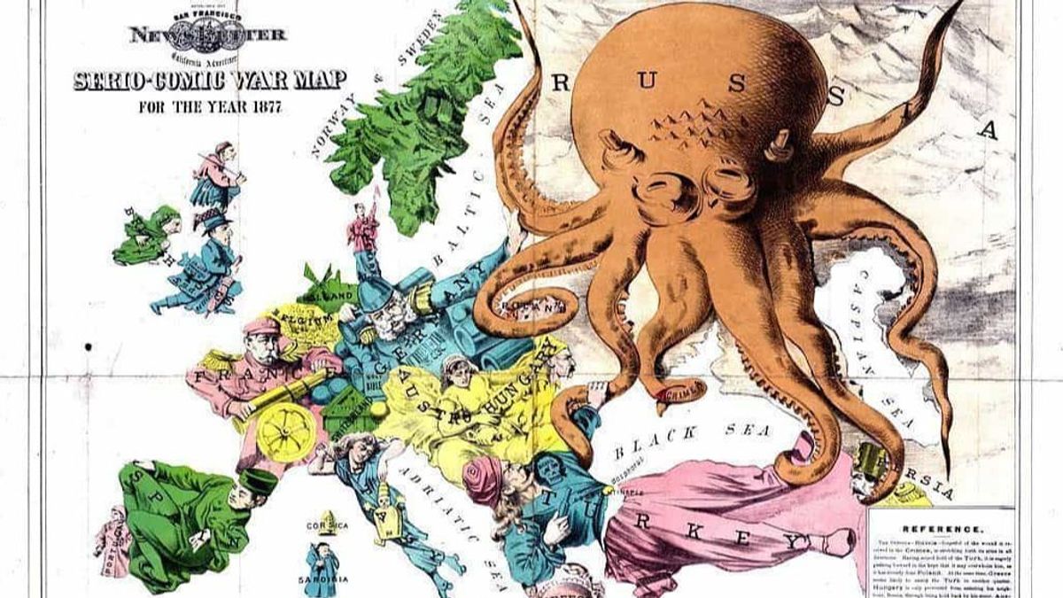 Mapa satírico de Europa ante la amenaza del 'monstruo' ruso, 1877.