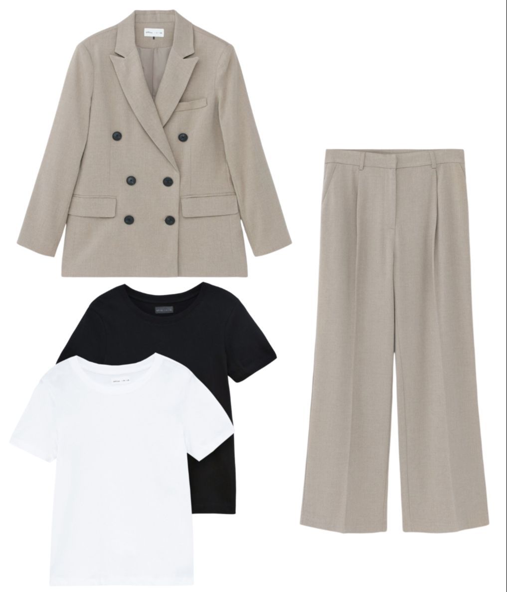 Traje de chaqueta color arena (el pantalón tiene un precio de 19,99€ y la blazer de 29,99€) y pack de camisetas básicas, de Lefties (7,99€)