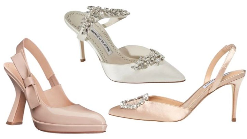 De izda. a dcha.: Zapato de salón Slingback Sweet-d, de Dior (1.090€). Mules forrados de satén con pedrería, modelo Lurum, de Manolo Blahnik (1.245€). Salones destalonados con pedrería, de Steve Madden (59€)