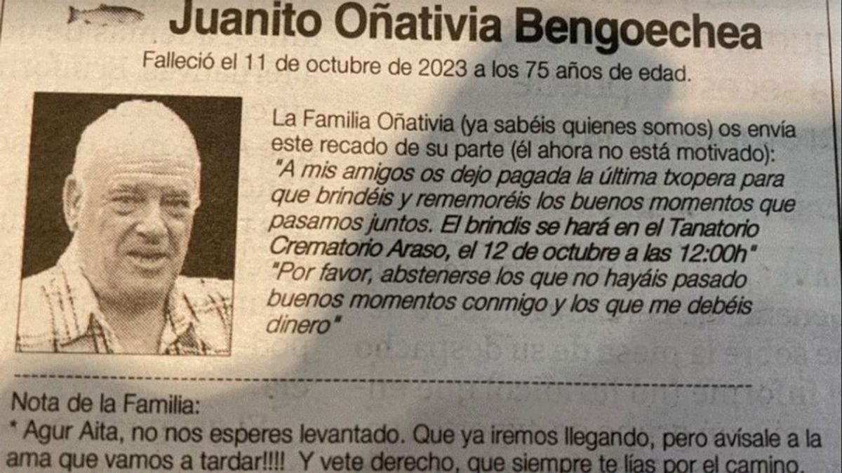 Juanito Oñativia, el hombre que dejó una curiosa esquela tras su muerte: "Os dejo pagada la última txopera"