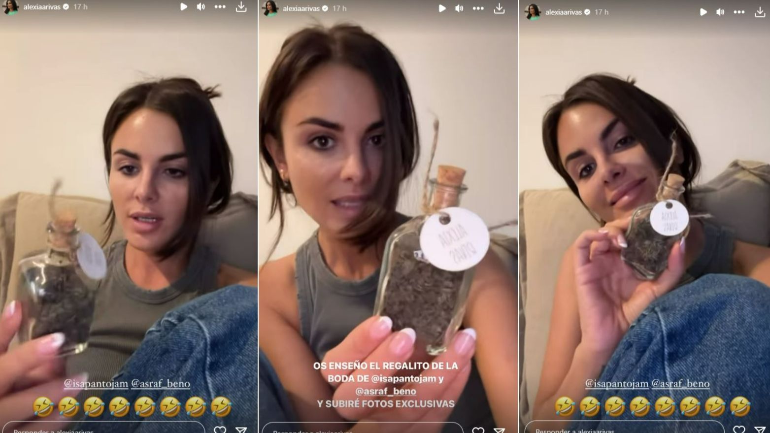 Alexia Rivas enseña uno de los regalos que Isa Pantoja y Asraf Beno dieron en su boda
