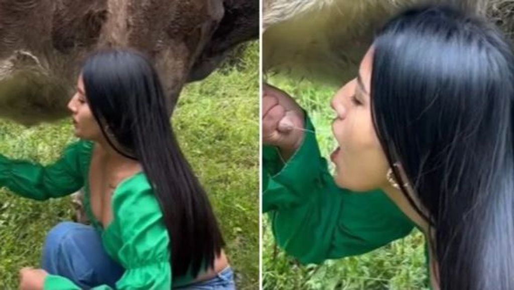 Una joven se hace viral tras tomar leche directamente de la ubre de una vaca