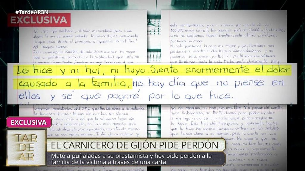 Exclusiva | El carnicero de Gijón que mató a su prestamista pide perdón a la familia por una carta que envía a ‘TardeAR’: “Lo hice y no huyo, pero siento el dolor causado”