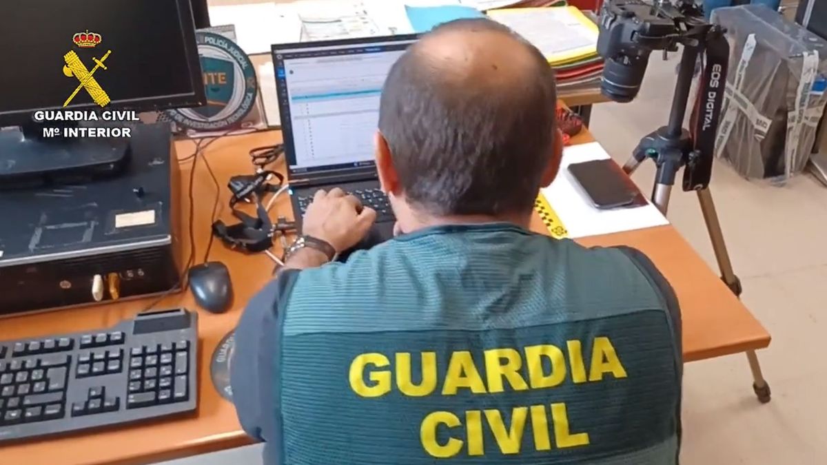 Agente del equipo tecnológico de la Guardia Civil con un ordenador