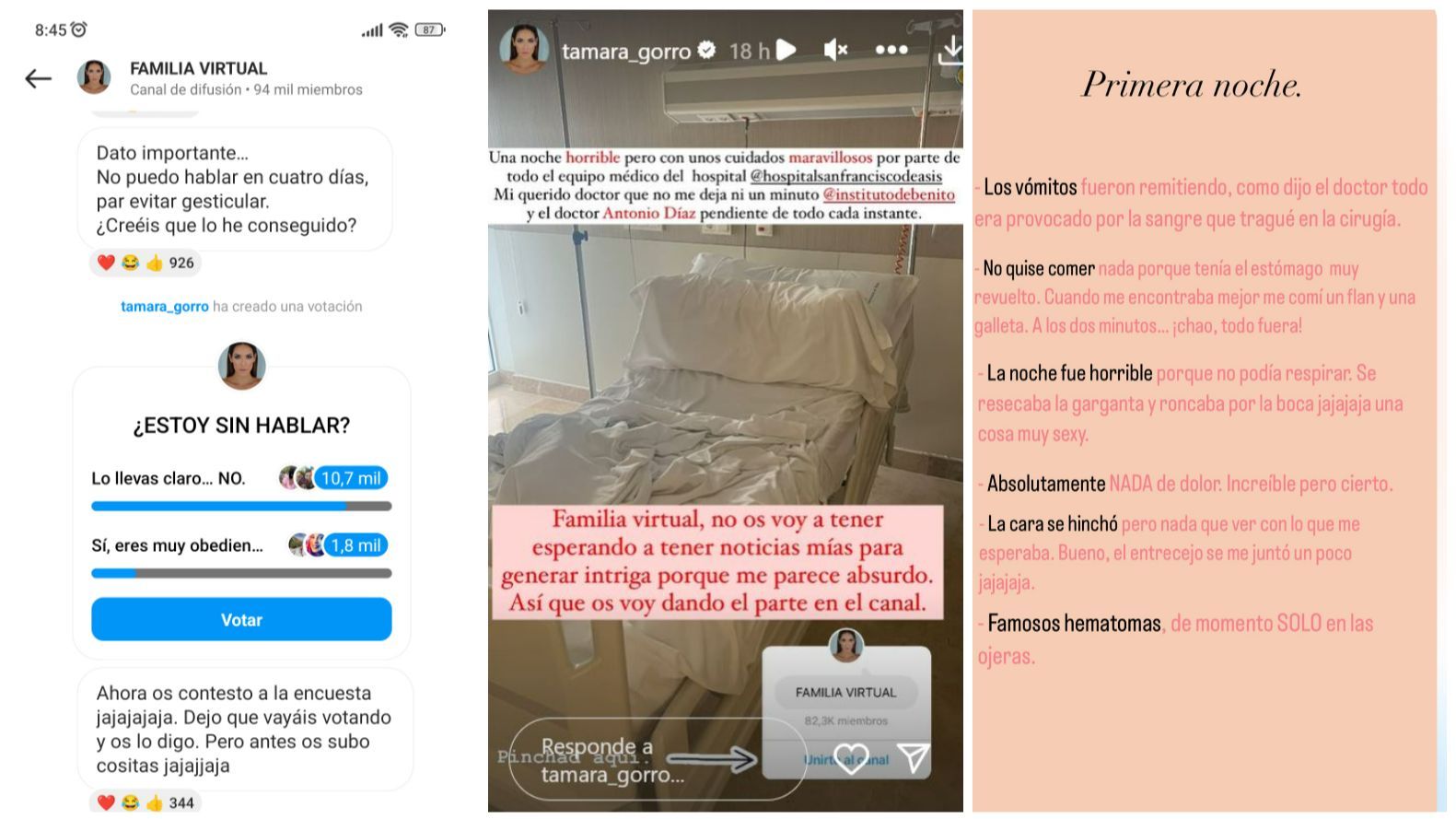 Tamara Gorro actualiza su estado de salud al sufrir una hemorragia tras su operación