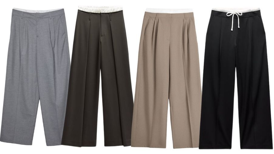 De izda. a dcha.: Pantalón tailoring, de Stradivarius (29,99€). Pantalón bóxer combinado, de Zara (29,90€). Pantalón tailoring underwear, de Bershka (29,99€). Pantalón ancho con cintura doble de Zara (29,90€)