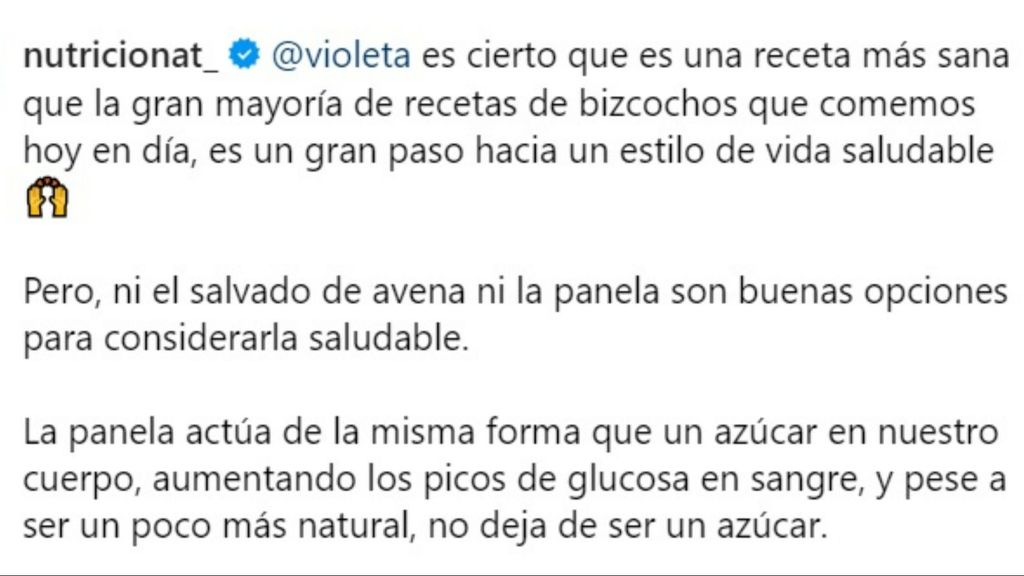 'Nutricionat' reacciona a la publicación de Violeta