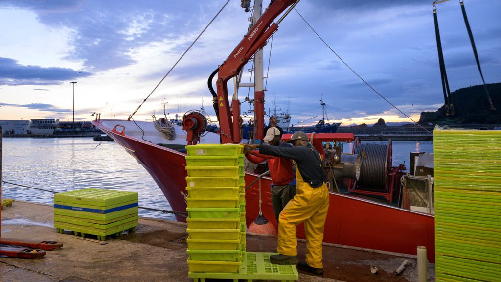 Varios pescadores descargando las capturas en el puerto