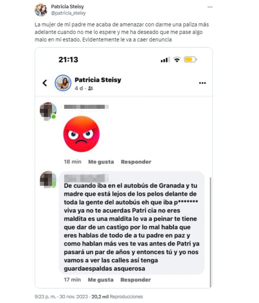 Patricia Steisy publica el amenazador mensaje que ha recibido por parte de la mujer de su padre