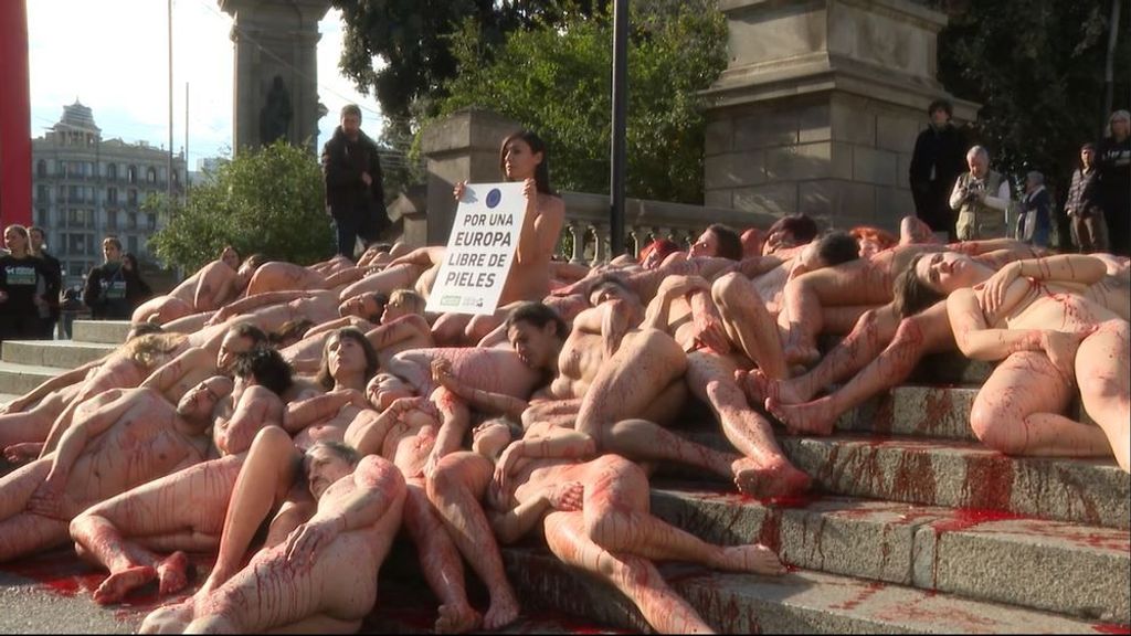 50 activistas se desnudan y exigen en Barcelona el cierre de granjas peleteras